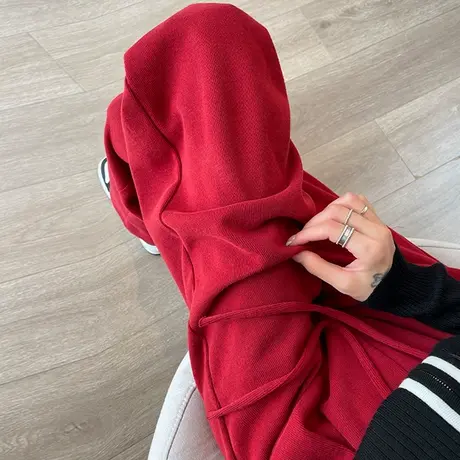 红色针织窄版阔腿裤女2024春秋新款高腰宽松直筒卫裤显瘦休闲长裤商品大图