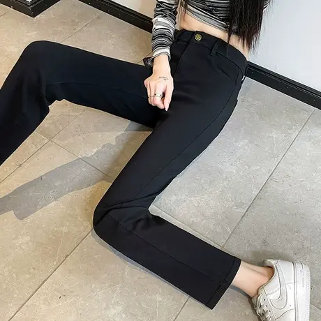 黑色直筒休闲裤女2024年春秋新款高腰宽松显瘦小个子八九分烟管裤商品大图