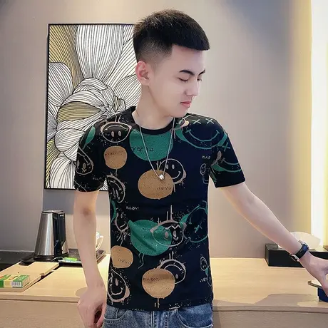 夏季男士t恤上衣短袖修身花色满印网红潮牌ins半袖潮流圆领体恤图片