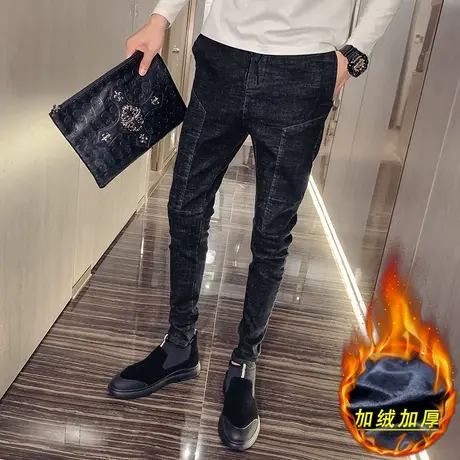 2023秋冬季潮流男士加绒加厚牛仔裤男修身小脚裤网红潮流百搭裤子商品大图