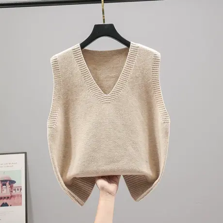2023春秋新款韩版宽松针织衫无袖V领马甲套头毛衣女上衣纯色背心商品大图