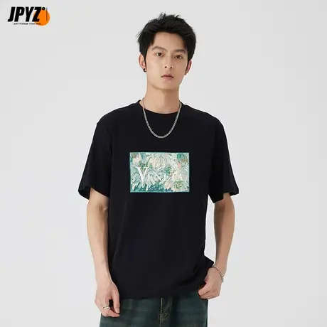 高级感轻奢刺绣t恤男短袖韩版潮流时尚百搭印花半袖男打底上衣服图片