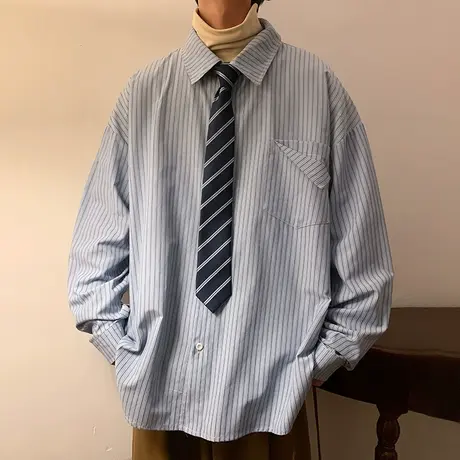 衬衫男长袖高级感潮牌蓝色条纹宽松大码衬衣春秋男士上衣外套寸衫商品大图