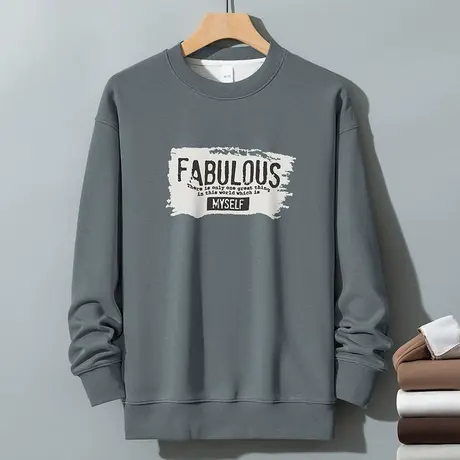 350g重磅灰色卫衣男秋冬款摇粒绒加厚印花圆领长袖t恤无帽套头衫图片