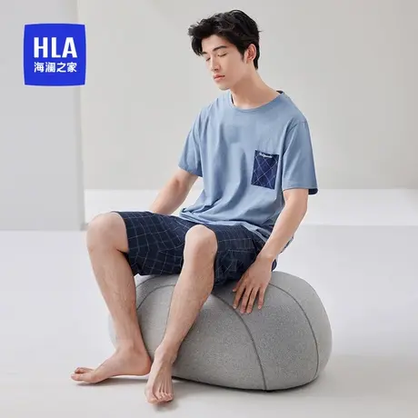 HLA/海澜之家男士圆领纯棉家居服套装格纹撞色吸汗透气夏休闲睡衣图片