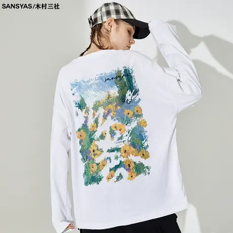 木村三社SANSYAS 花田油画国潮美式长袖t恤男纯棉圆领打底衫秋季商品大图