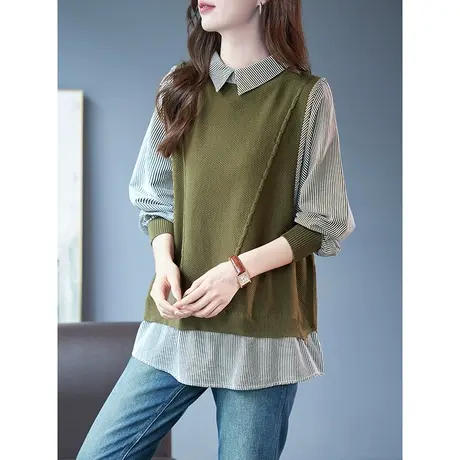 宝诗黎Polo领针织拼接条纹假两件衬衫2024春季新款设计感宽松衬衣图片