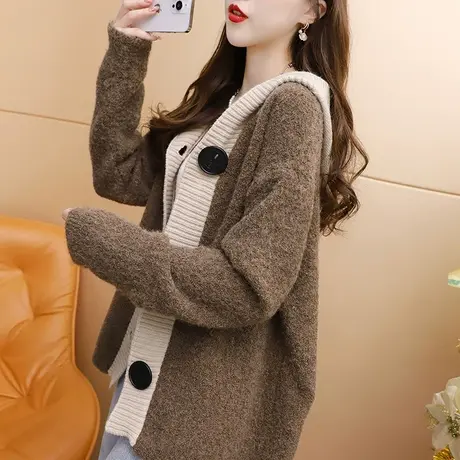 短款连帽毛衣开衫女2024新款春季洋气减龄宽松慵懒风百搭针织外套商品大图