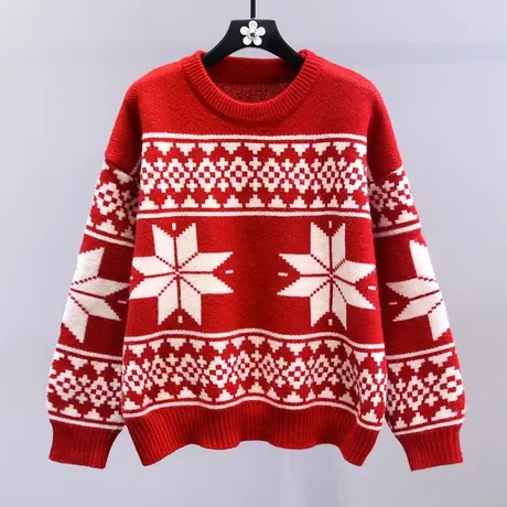 圣诞新年雪花红色毛衣女冬季2023新款宽松慵懒风加厚套头针织上衣商品大图
