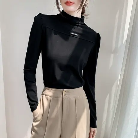 半高领洋气上衣女2023早春纯色修身显瘦长袖T恤时尚百搭打底衫商品大图