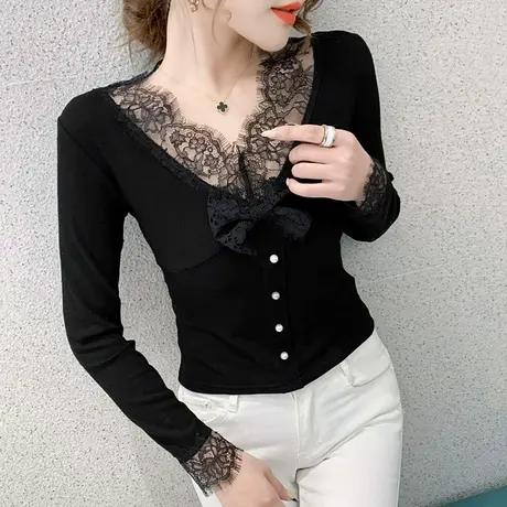 2024春秋新款性感V领T恤女长袖蕾丝花边拼接上衣洋气紧身打底衫潮商品大图