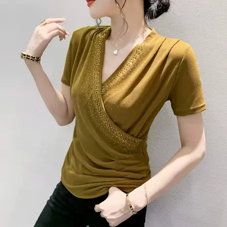 2024新款性感交叉V领T恤女短袖时尚网纱上衣钉珠烫钻小衫洋气半袖商品大图