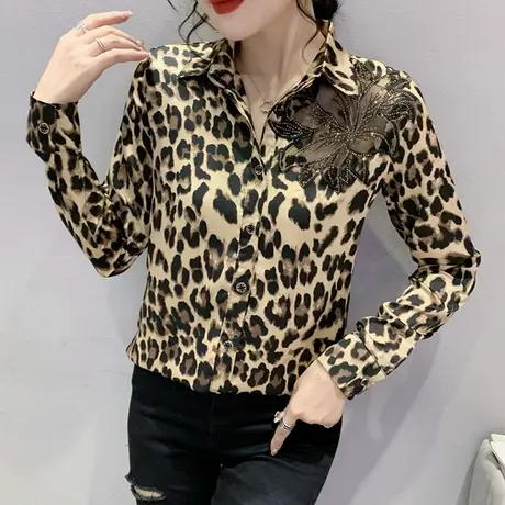 欧货豹纹长袖衬衫女2024春秋新款别致性感网纱拼接上衣显瘦打底衫图片