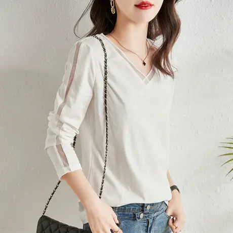 白色t恤女长袖打底小衫春秋20223新款大码胖mm别致设计感小众内搭商品大图