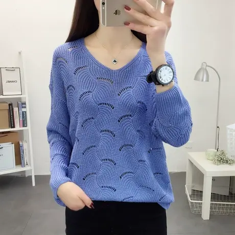 2021春季新款v领宽松镂空针织打底衫宽松薄款套头毛衣女士上衣潮商品大图