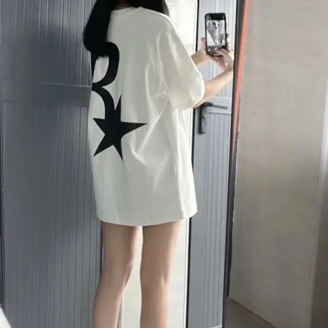 纯棉短袖t恤女2023年夏季新款设计感小众宽松oversize中长款上衣商品大图