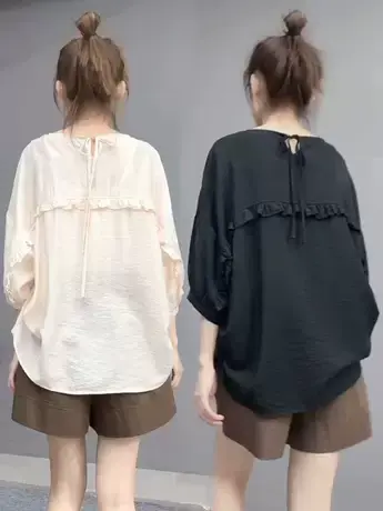 小众设计感甜美轻熟风圆领套头衬衫夏女宽松中袖气质五分袖上衣潮商品大图