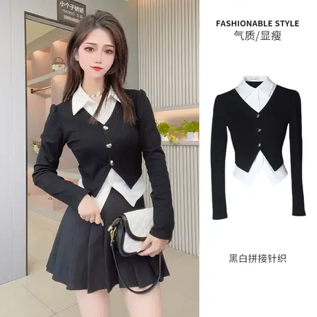 乡美媚万搭款针织衫早秋开衫2023秋新款显瘦上衣针织假两件针织衫图片