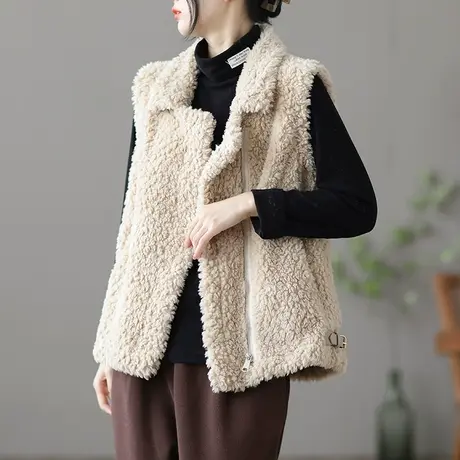 dza 复古宽松羊羔绒马甲女士短款休闲外套女上衣冬季外搭马夹坎肩图片