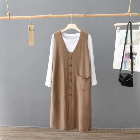 遮肚显瘦无袖针织毛衣连衣裙女V领宽松套头背心裙过膝毛坎肩马甲商品大图