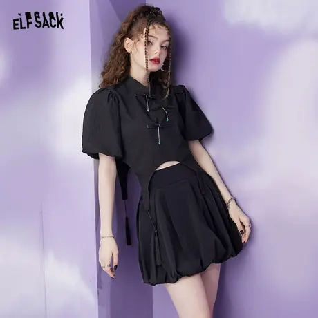 妖精的口袋黑色短袖衬衫女2023夏季新款高级感收腰薄款小衫设计感图片