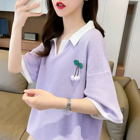 小个子短袖t恤女夏季韩版宽松设计感小众翻领华夫格假两件上衣服商品大图