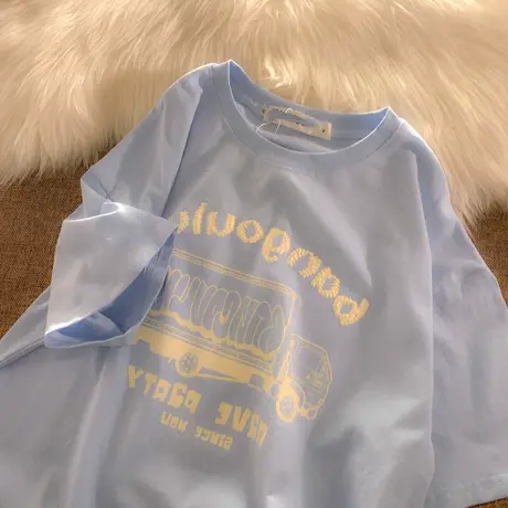 国潮vintage复古短袖t恤女大码oversize奶系慵懒风上衣ins潮纯棉商品大图