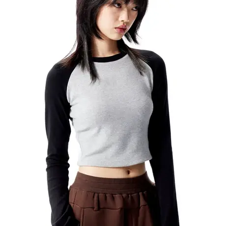 早秋季新款撞色长袖上衣女国潮牌甜酷bm修身辣妹短款t恤打底衫ins商品大图