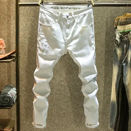 高街vibe潮牌拉链牛仔裤男修身小脚裤高端拼接十字架时尚百搭长裤商品大图