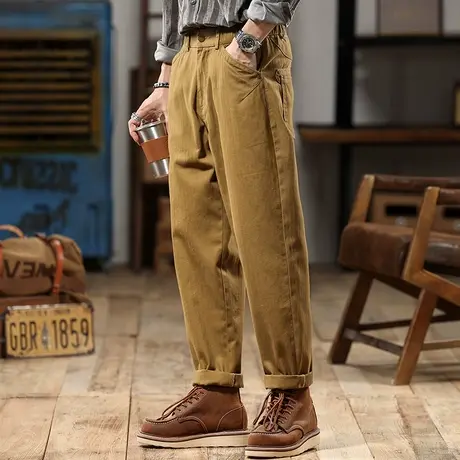 时尚百搭工装裤褪色高密人字斜纹精梳棉舒适大码宽松直筒工装裤商品大图