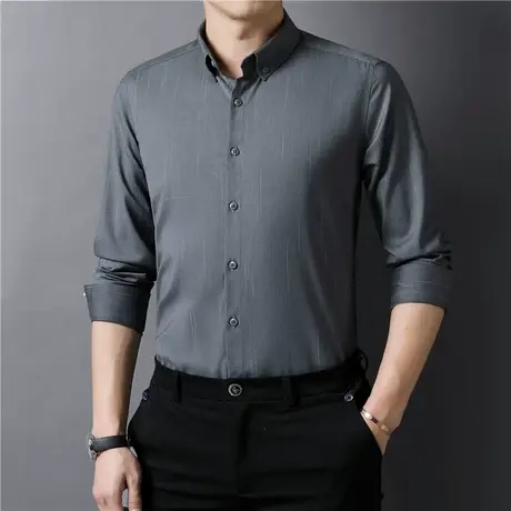 2022春季新款条纹长袖衬衫男青年商务休闲正装职业百搭修身衬衣男商品大图