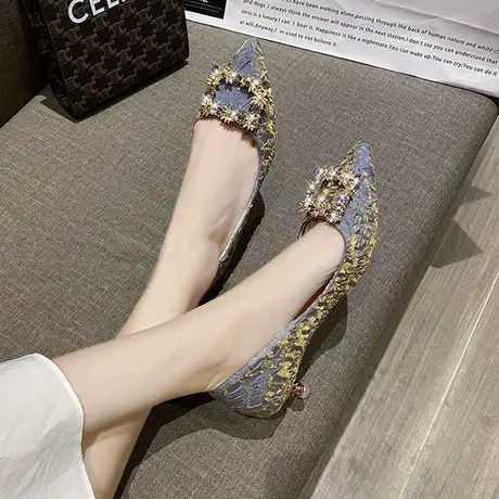 小香风韩版水钻方扣高跟鞋2024年春秋新款尖头女鞋气质职业单鞋女图片