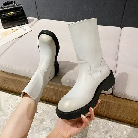 2024年春冬新款靴子女时尚拼接撞色中筒圆头平底鞋百搭仙女风鞋子图片