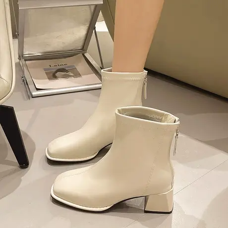 短靴女粗跟靴子2023年新款秋季爆款高跟白色瘦瘦马丁靴法式小踝靴图片