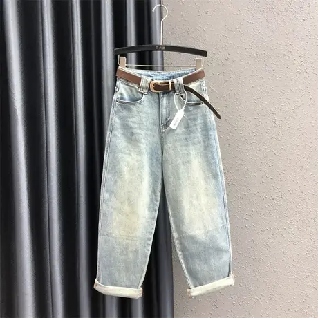 2023秋冬新款浅蓝色简约休闲老爹牛仔裤女高腰宽松显瘦百搭哈伦裤商品大图