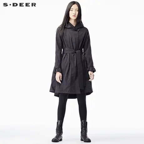 sdeer圣迪奥2018秋装学院风A字系带连帽长款风衣外套女S17381849🖋图片