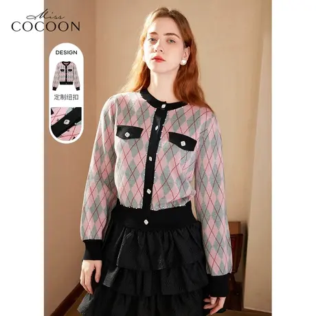 missCOCOON法式小香风针织开衫女2023新款春季复古菱格设计针织衫商品大图