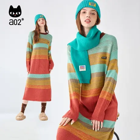 【呼呼严选专享】A02复古风毛织连衣裙2023秋冬季新款针织毛衣商品大图