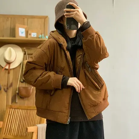 dza 复古短款白色连帽加厚棉服女冬新款宽松拉链口袋棉衣外套上衣图片