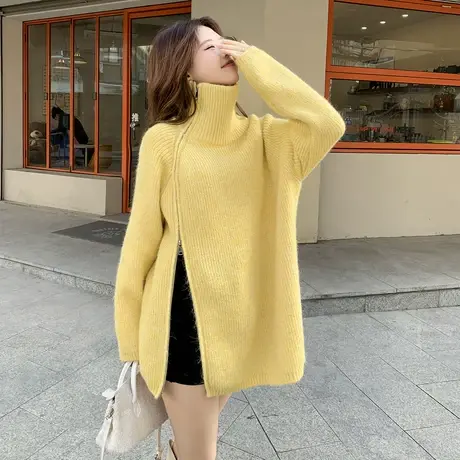 OtherMix 设计感拉链高领毛衣女2023秋冬新款慵懒风宽松针织上衣商品大图