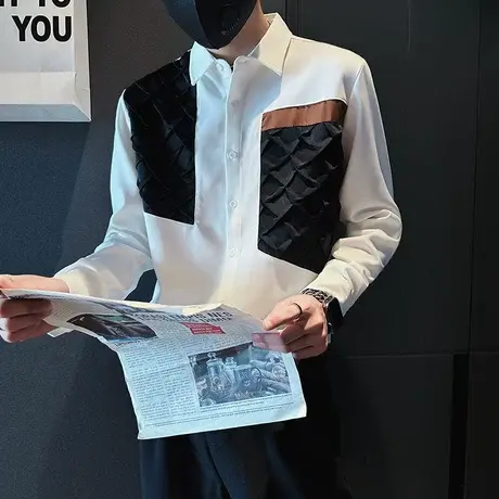 2023秋季时尚休闲韩版修身撞色拼接设计感发型师长袖衬衣潮牌衬衫商品大图