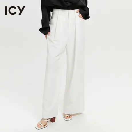 icy2023春季新款简约通勤白色阔腿休闲长裤褶皱西装裤女图片