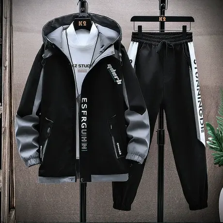 秋冬季青少年加绒加厚外套男孩初中学生潮牌帅气夹克大童男装套装商品大图