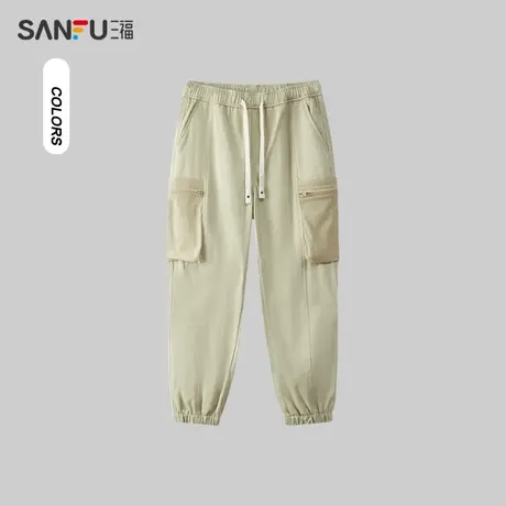 三福2024春季男士拼接工装裤 潮流宽松橡筋腰休闲裤长裤481121图片