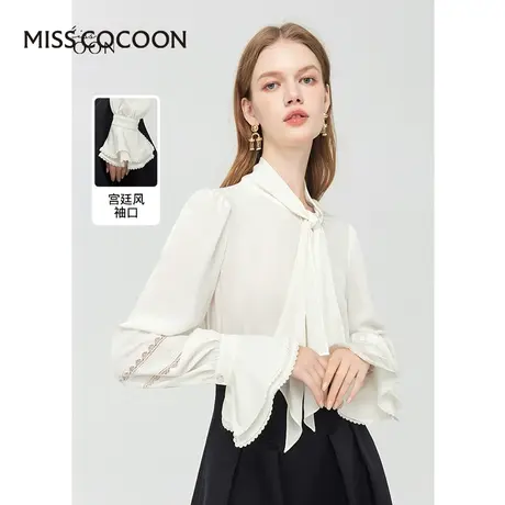 MISSCOCOON时尚上衣2023秋装新款女泡泡袖刺绣荷叶边飘带雪纺衫女商品大图
