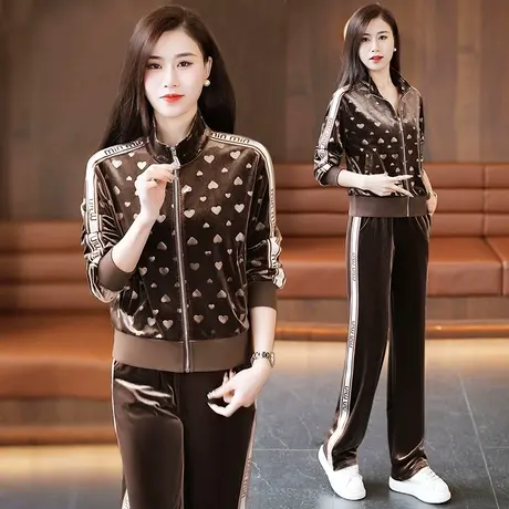 金丝绒休闲套装女春秋2024年新款时尚修身显瘦直筒裤运动服两件套商品大图