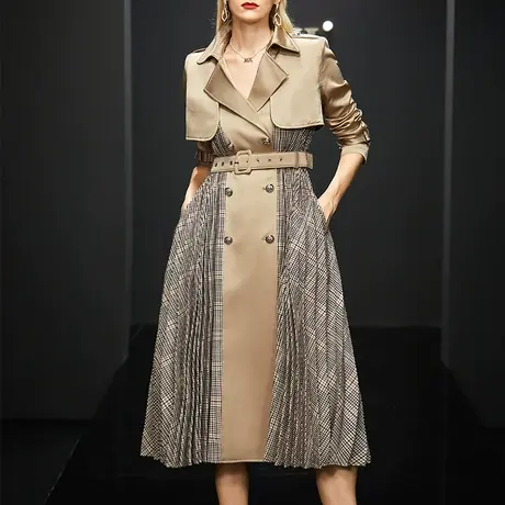 AUI高端设计感风衣外套女2023秋新款气质英伦风收腰拼接格子大衣商品大图