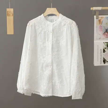 法式洋气立领刺绣简约白色衬衫女打底衫纯棉长袖衬衣百搭上衣春秋图片