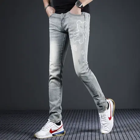 高端潮牌牛仔裤男夏季修身小脚2024新款浅色弹力休闲男士裤子春季商品大图