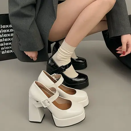 玛丽珍女鞋2024新款单鞋春季超高跟鞋女防水台方头粗跟小皮鞋女款图片